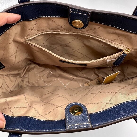 Michael Kors Logo Navy Blue Leather Tote Bag Purse | Dual Handles Front Pockets - Picture 6 of 15